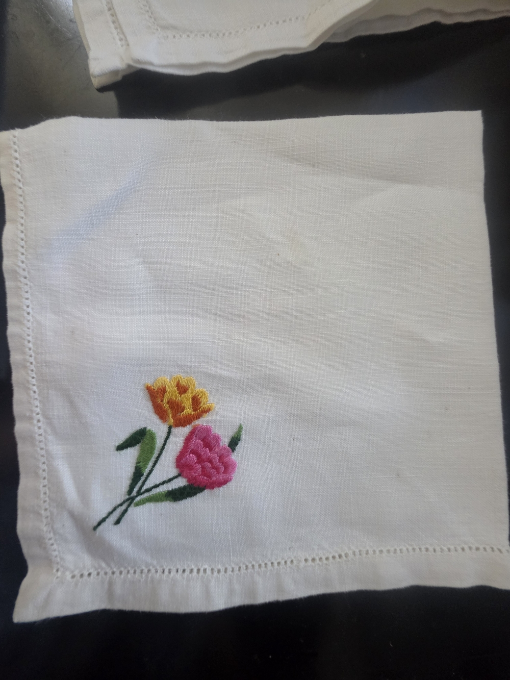 Embroidered Floral Cotton Napkins - White with Pink, Purple, Yellow Accents - Picture 3 of 6